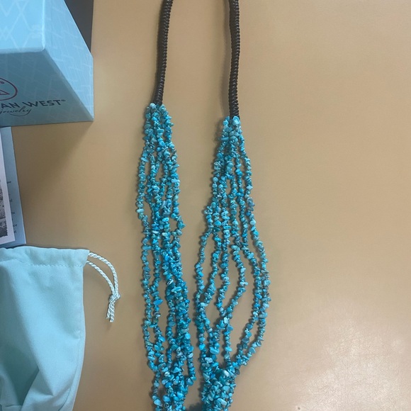 American West Turquoise & Leather Multi-Strand Necklace 15” long. - Picture 2 of 6